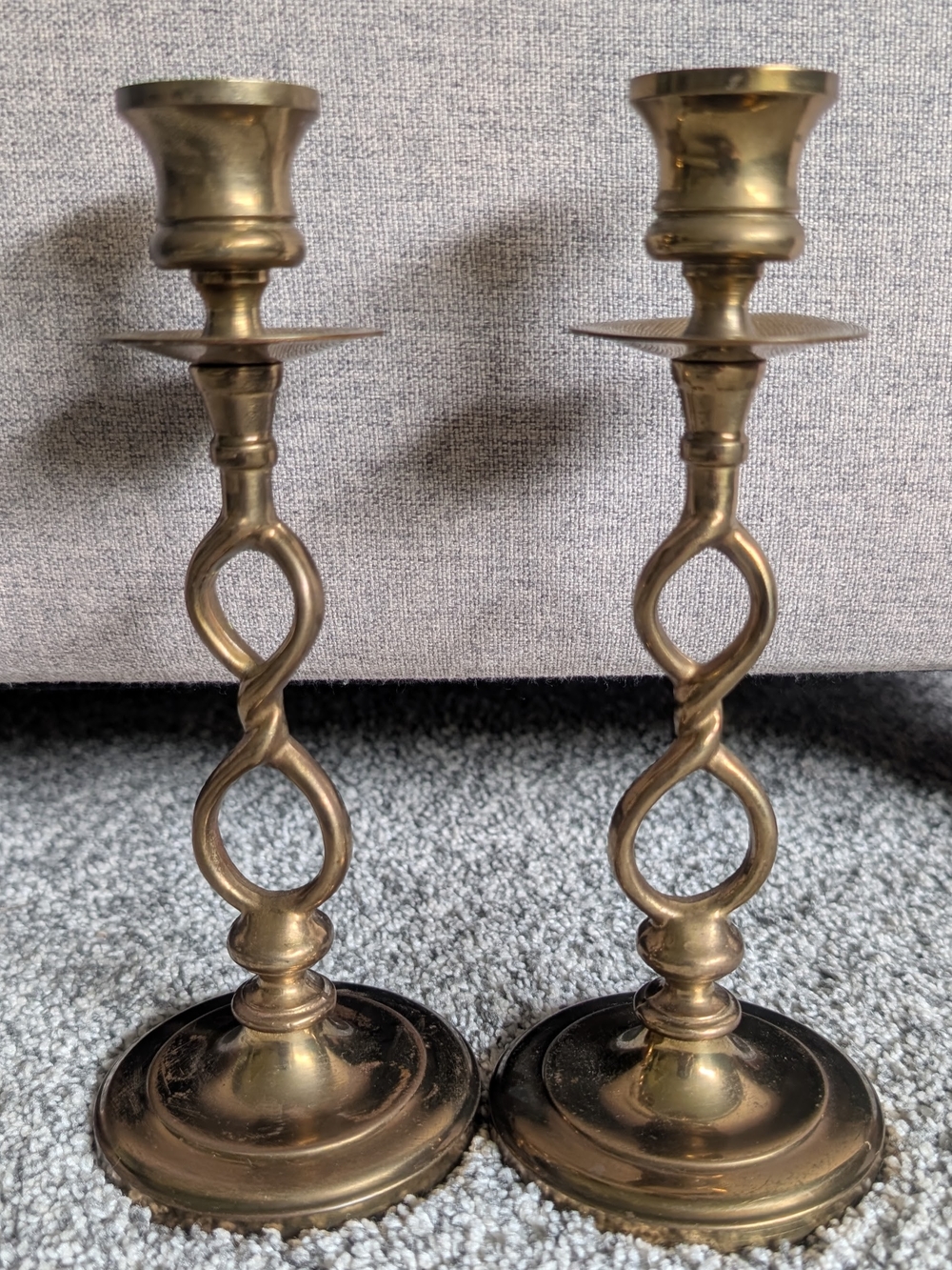 Vintage Brass Candlestick Holders Pair 8" Twisted Double Loop w/ Patina Marked M